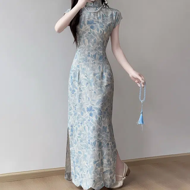 敲模女孩 新中式国风改良旗袍温婉气质印花设计感修身收腰短袖连衣裙 女款