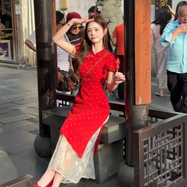 敲模女孩 新中式气质改良旗袍波点设计感收腰假两件拼接高级感短袖连衣裙 女款