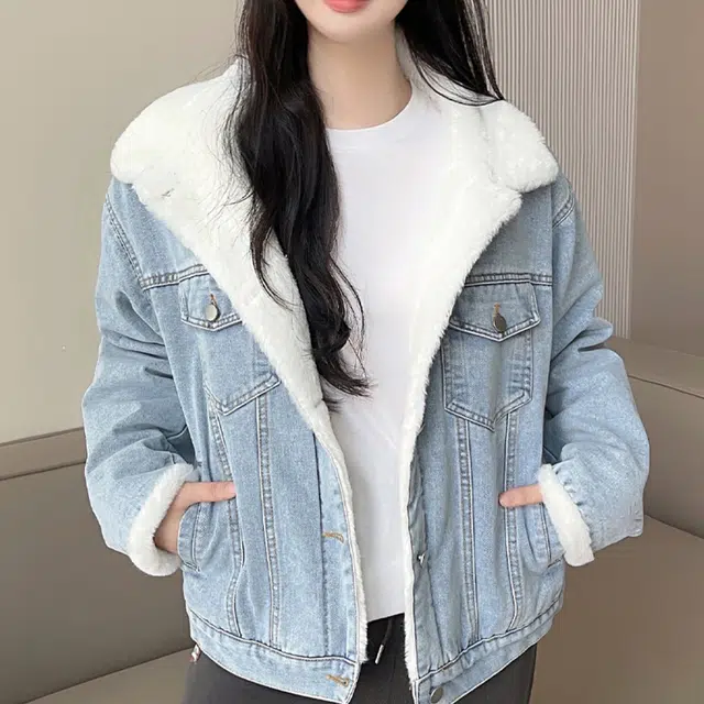 敲模女孩 美式复古街头风加绒加厚宽松长袖牛仔外套 女款