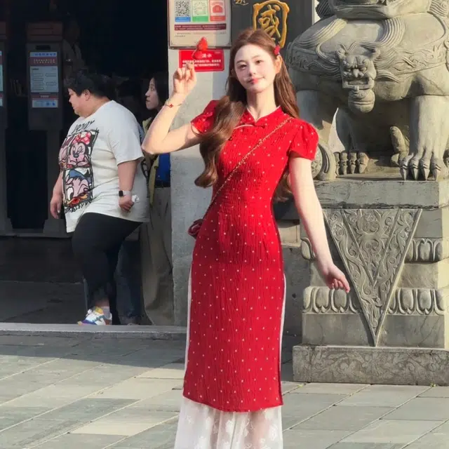 敲模女孩 新中式气质改良旗袍波点设计感收腰假两件拼接高级感短袖连衣裙 女款