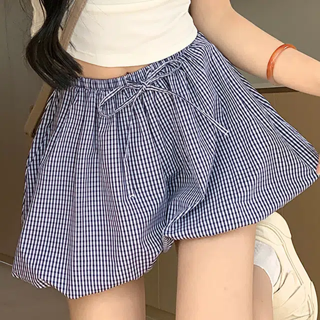 敲模女孩 甜酷风格子蓬蓬花苞休闲短裤 女款