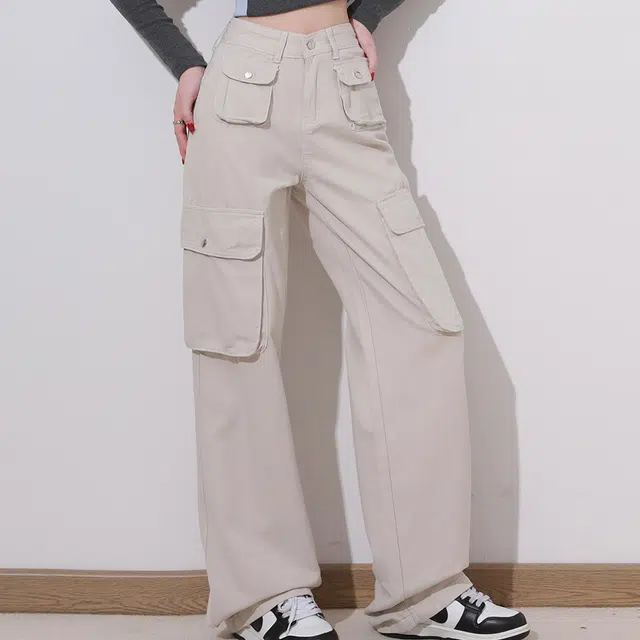 敲模女孩 美式复古时尚高街风多口袋设计感宽松直筒牛仔工装裤 女款