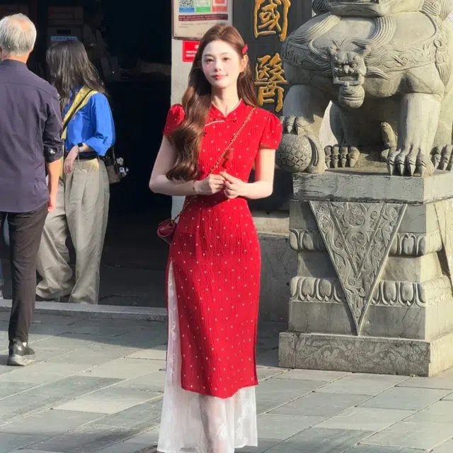 敲模女孩 新中式气质改良旗袍波点设计感收腰假两件拼接高级感短袖连衣裙 女款