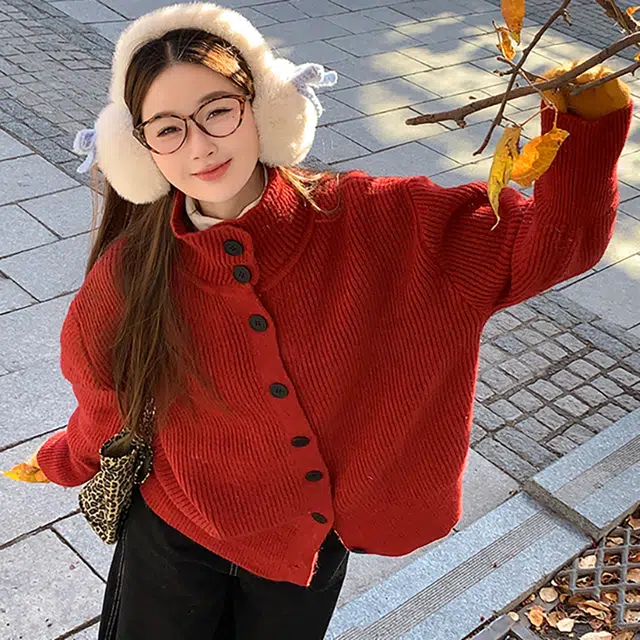 敲模女孩 韩系慵懒风翻领开衫外套高级感长袖上衣针织衫 女款