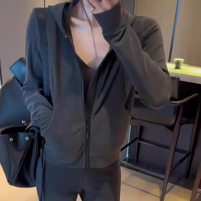 敲模女孩 韩系复古运动风连帽卫衣外套高腰显瘦时尚微喇长裤休闲套装 女款