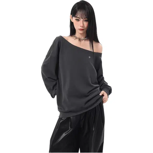 敲模女孩 美式斜肩露肩休闲百搭时尚长袖卫衣 女款 深灰色