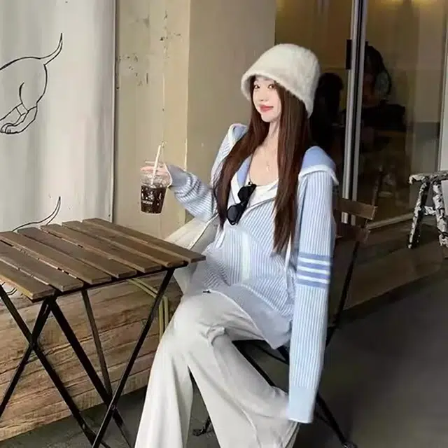 敲模女孩 学院风甜妹茶系穿搭宽松连帽条纹针织衫 女款
