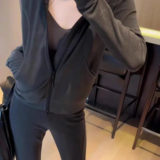 敲模女孩 韩系复古运动风连帽卫衣外套高腰显瘦时尚微喇长裤休闲套装 女款