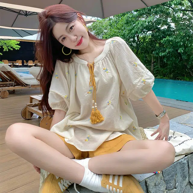 敲模女孩 法式简约清新短袖上衣气质时尚阔腿短裤休闲套装 女款