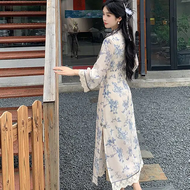 敲模女孩 新中式气质印花温婉甜美蝴蝶结遮肉高雅超仙旗袍裙长袖连衣裙 女款