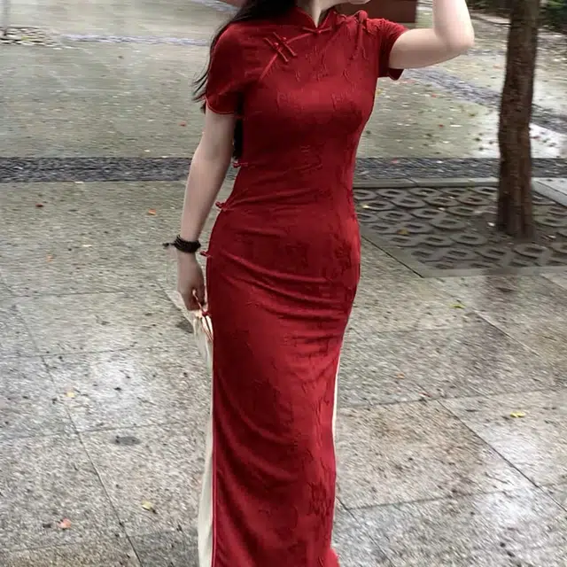 敲模女孩 新中式国风复古馆暗花纹年会结婚旗袍气质修身长袖连衣裙搭披肩叠穿内搭半身裙裙装套装 女款