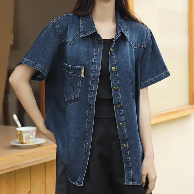 敲模女孩 学院风韩版设计感宽松休闲牛仔短袖衬衫 女款