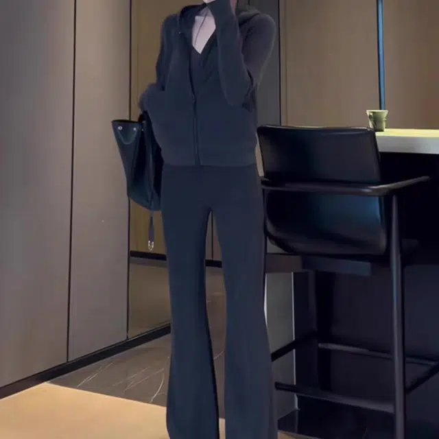 敲模女孩 韩系复古运动风连帽卫衣外套高腰显瘦时尚微喇长裤休闲套装 女款