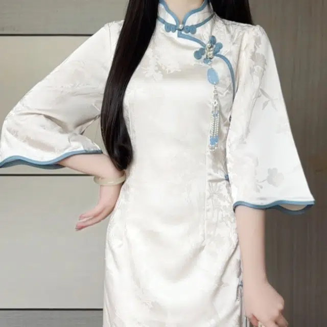 敲模女孩 新中式国风改良旗袍高级感素雅复古风温柔长袖连衣裙 女款