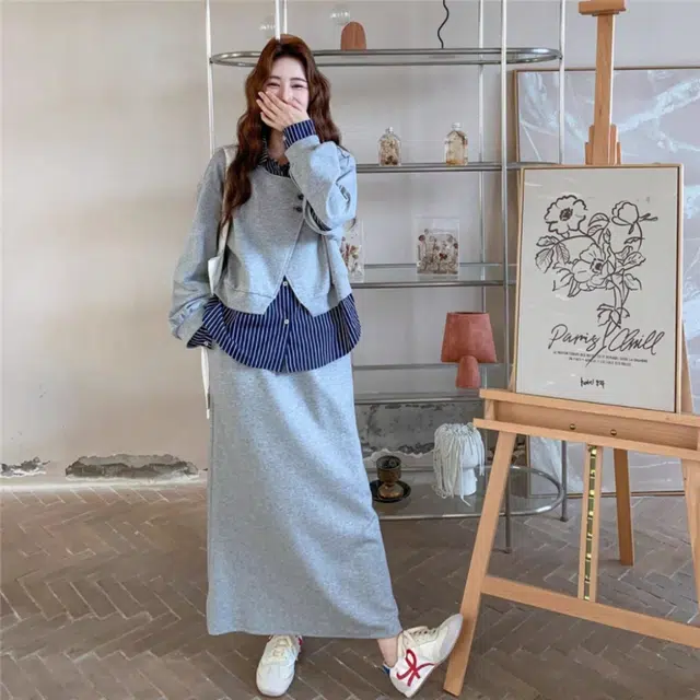 敲模女孩 韩系学院风显瘦假两件格纹拼接外套高腰气质遮胯修身半身裙裙装套装 女款