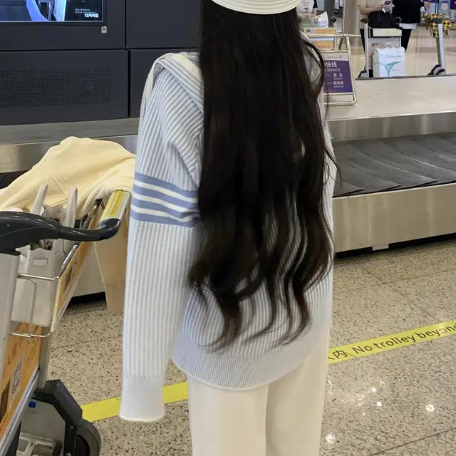 敲模女孩 学院风甜妹茶系穿搭宽松连帽条纹针织衫 女款