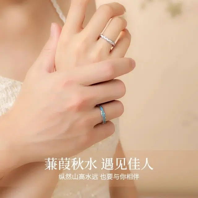 福柚 【免费刻字 代写贺卡】蒹葭苍苍白露为霜恋人对戒遇见佳人浪优雅精致简约现代风高级感设计时尚百搭 合金 戒指 男女同款情侣款