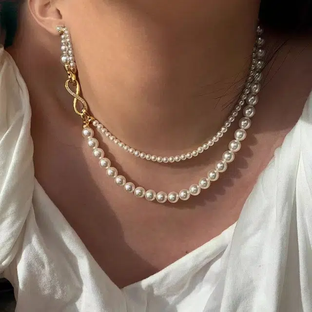 福柚 双层微镶锆石施家珍珠 铜镀金  气质颈链轻奢小众简约设计感高级时尚潮流锁骨链 合金 项链 女款