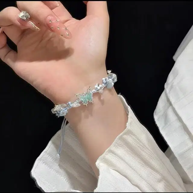 福柚 超仙蓝色蝴蝶甜美高级感飘带一体气质仙女蝴蝶清冷手工编制 棉麻 手链 女款