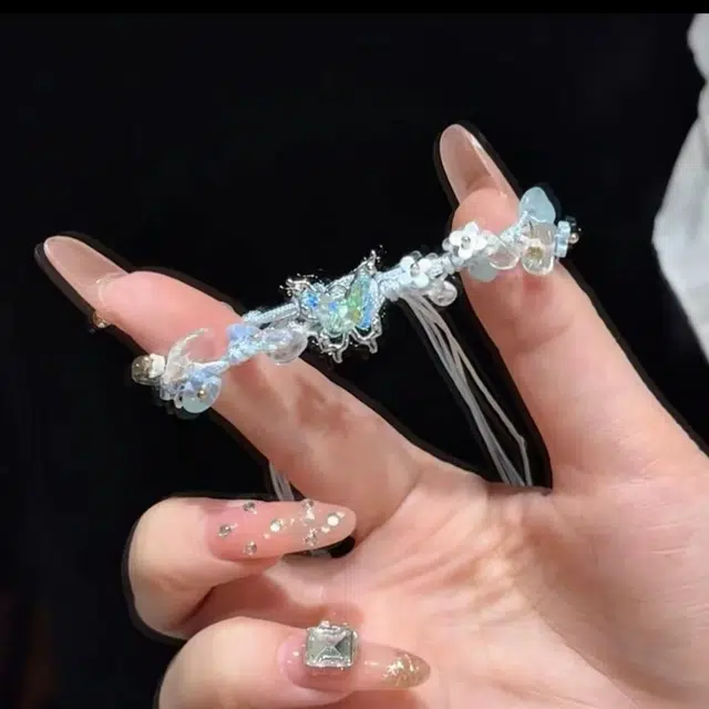 福柚 超仙蓝色蝴蝶甜美高级感飘带一体气质仙女蝴蝶清冷手工编制 棉麻 手链 女款