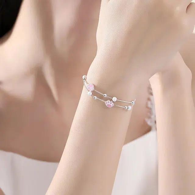 福柚 【免费刻字 代写贺卡】甜美可爱呆萌可爱简约小众设计高级感 光面立体磨砂圆珠双层叠戴满天星手饰嘟嘟猫爪 合金 手链 女款