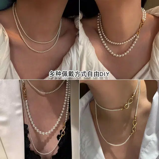 福柚 双层微镶锆石施家珍珠 铜镀金  气质颈链轻奢小众简约设计感高级时尚潮流锁骨链 合金 项链 女款