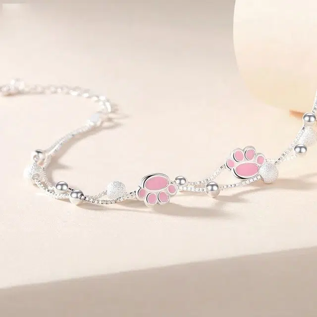 福柚 【免费刻字 代写贺卡】甜美可爱呆萌可爱简约小众设计高级感 光面立体磨砂圆珠双层叠戴满天星手饰嘟嘟猫爪 合金 手链 女款