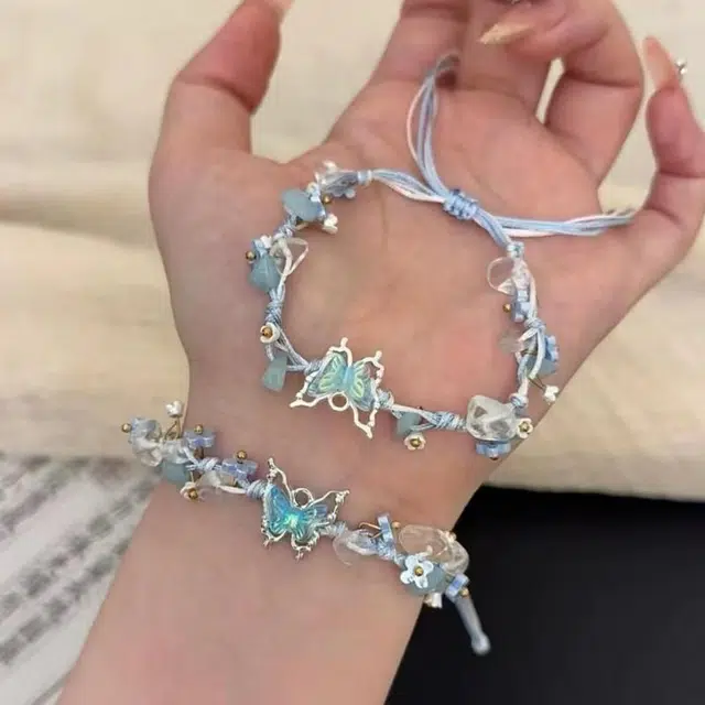福柚 超仙蓝色蝴蝶甜美高级感飘带一体气质仙女蝴蝶清冷手工编制 棉麻 手链 女款