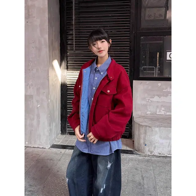 拓菲 美式复古高级红色立领上衣秋季设计感小众格子拼接工装外套夹克 男女同款
