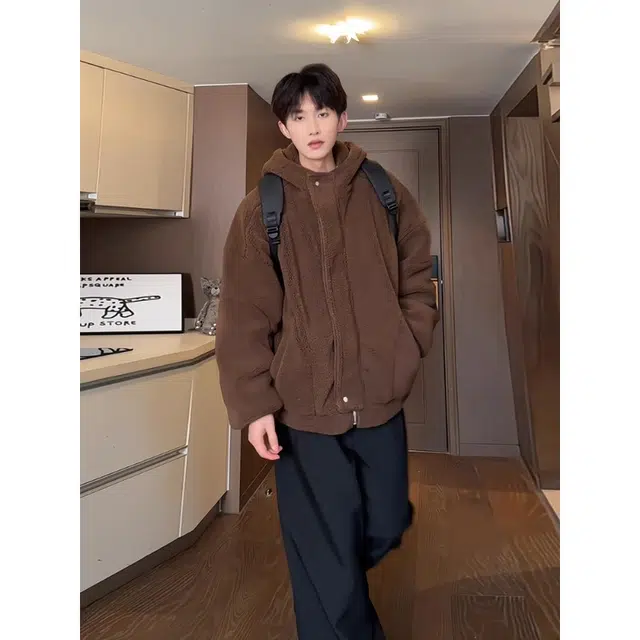 拓菲 羊羔绒男款冬季美拉德穿搭高级感连帽棉衣加厚保暖外套棉服 男女同款