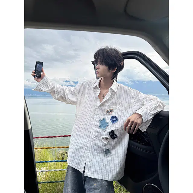 拓菲 趣味贴布条纹秋季长袖衬衣设计感小众防晒外套衬衫男款 男女同款