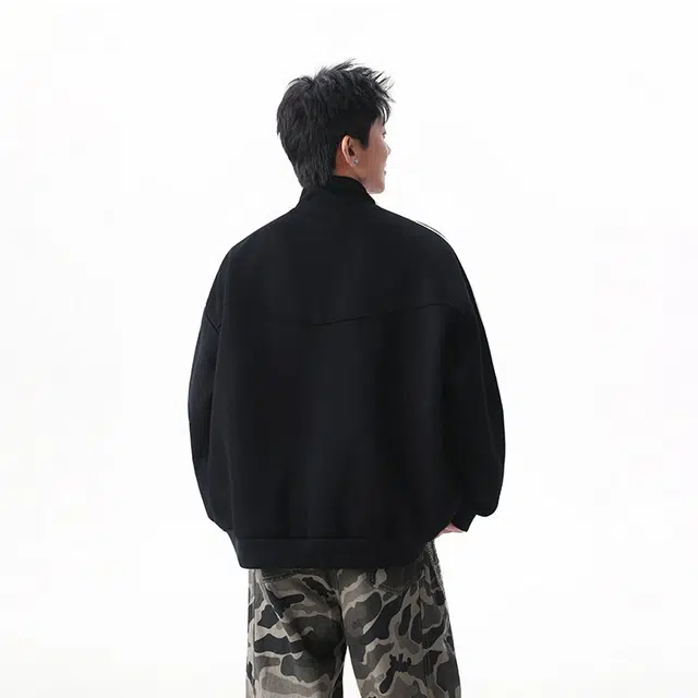 拓菲 美式三条杠开衫立领撞色条纹外套男款潮牌秋季宽松百搭休闲运动拉链卫衣夹克 男女同款