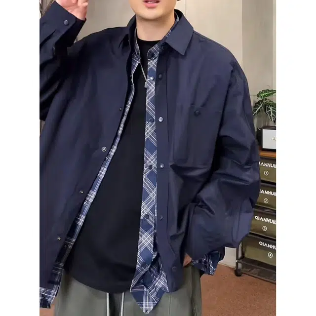 拓菲 假两件格子拼接长袖秋季穿搭美式高街翻领夹克休闲开衫外套衬衫男 男女同款