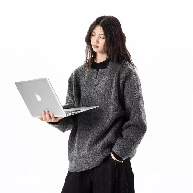 拓菲 美式复古麻花设计感男慵懒高级感亨利领情侣潮针织衫 男女同款