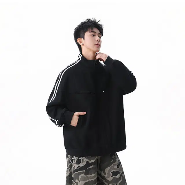 拓菲 美式三条杠开衫立领撞色条纹外套男款潮牌秋季宽松百搭休闲运动拉链卫衣夹克 男女同款