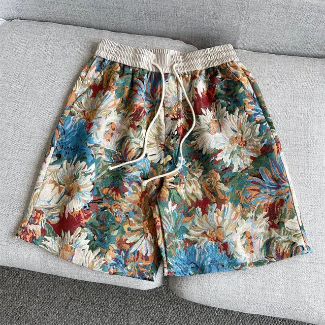 拓菲 夏威夷花卉扎染针织男夏季痞帅高级感冰丝沙滩裤直筒五分裤休闲短裤 男女同款