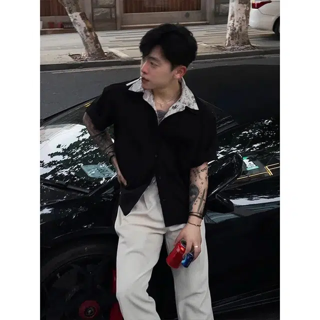 拓菲 美式复古花领假两件短袖男款夏季痞帅高级设计感冰丝衬衣外套衬衫 男女同款
