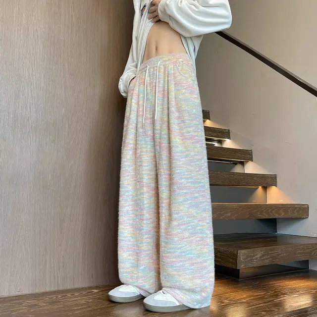 拓菲 彩虹糯米裤女秋季季高腰慵懒垂感直筒小个子针织加绒阔腿裤子休闲裤 男女同款
