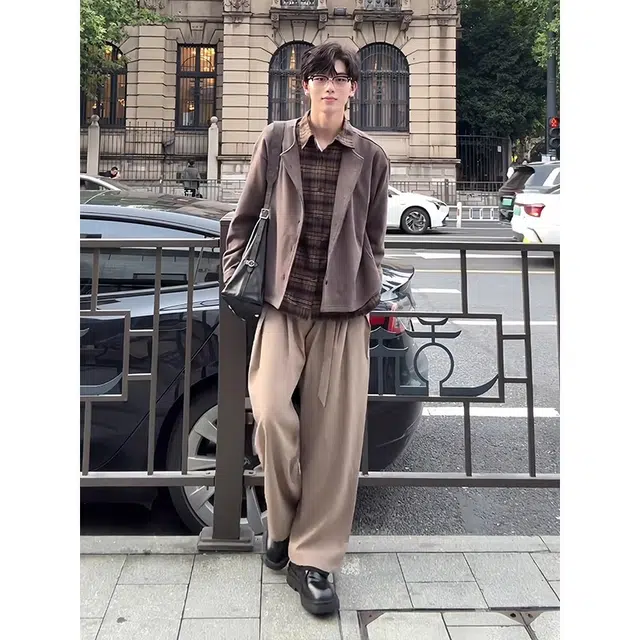 拓菲 假两件棕咖色格纹衬衫领开衫男款秋季慵懒风氛围感针织衫外套夹克 男女同款