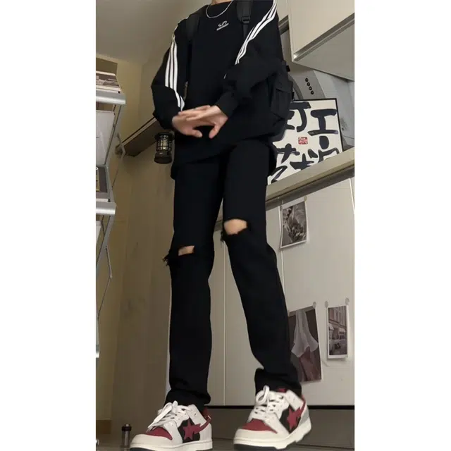拓菲 夏季美式高街破洞直弹力宽休闲牛仔裤 男女同款