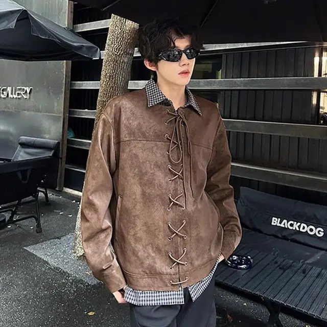 拓菲 抽绳对襟后背飞片设计复古机车皮衣外套男夹克 男女同款