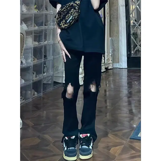 拓菲 美式高弹力显瘦裤子高街修身直筒微喇裤拉链膝盖破洞牛仔裤 男女同款