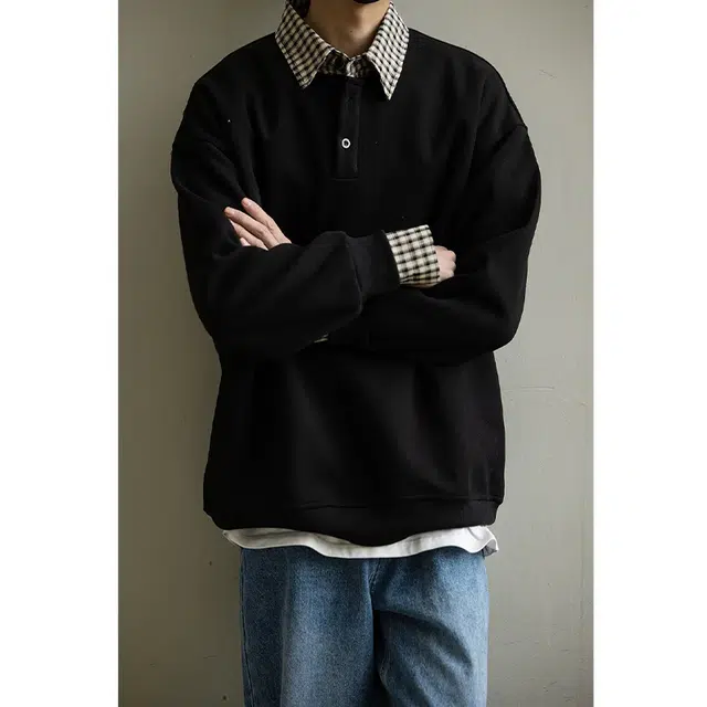拓菲 格子拼接假两件男设计感衬衫领外套秋季潮流宽松情侣上衣卫衣 男女同款