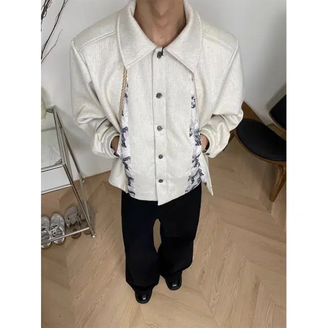 拓菲 外套男美式复古宫廷花卉亚麻短款上衣春秋款肌理感宽松衬衫夹克潮 男女同款