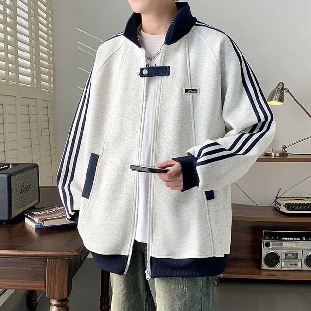 拓菲 立领开衫卫衣男秋季学院风三条杠运动美式复古条纹外套夹克 男女同款