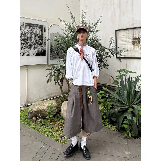 拓菲 美式千鸟格拼接老钱风阔腿西裤七分休闲短裤 男女同款