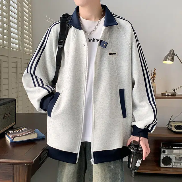 拓菲 立领开衫卫衣男秋季学院风三条杠运动美式复古条纹外套夹克 男女同款