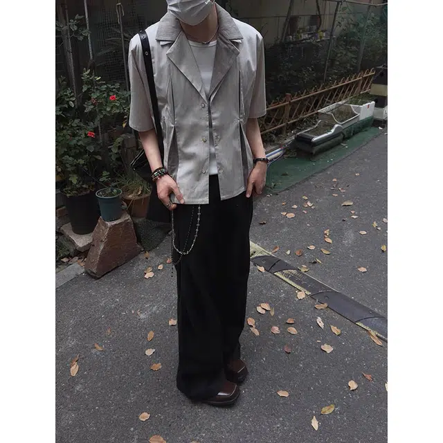 拓菲 解构几何西装领假两件短袖衬衫 男女同款