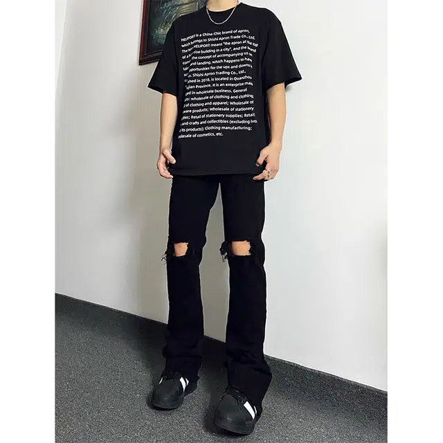 拓菲 美式高街潮牌高弹力修身拉链膝盖破洞牛仔裤长裤子 男女同款