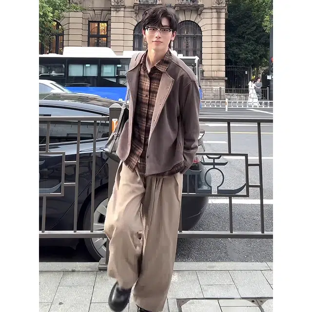 拓菲 假两件棕咖色格纹衬衫领开衫男款秋季慵懒风氛围感针织衫外套夹克 男女同款